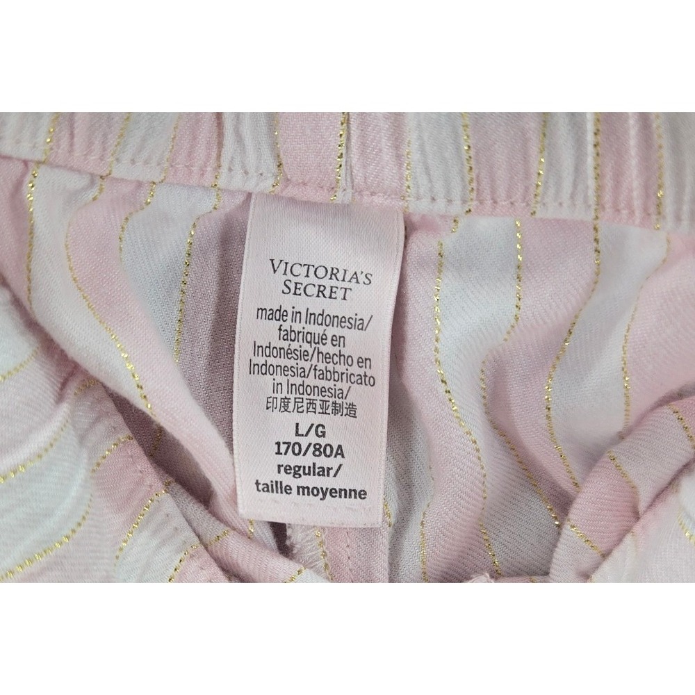 Victoria's Secret Pink White Striped Gold Lurex Pajama Set Large Button Down PJ - Picture 9 of 10